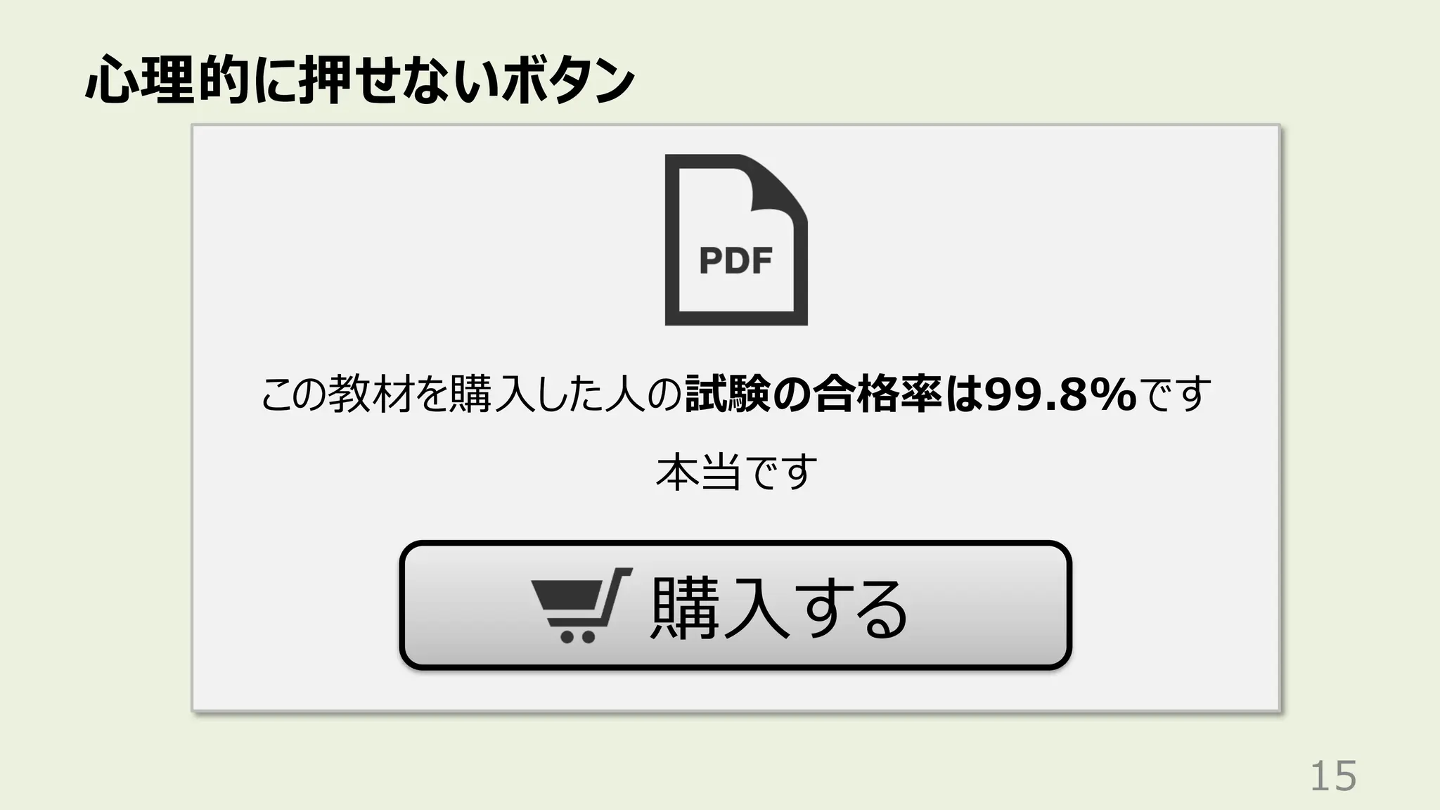 心理的に押せないボタン
15
この教材を購入した人の試験の合格率は99.8%です
本当です
購入する
 