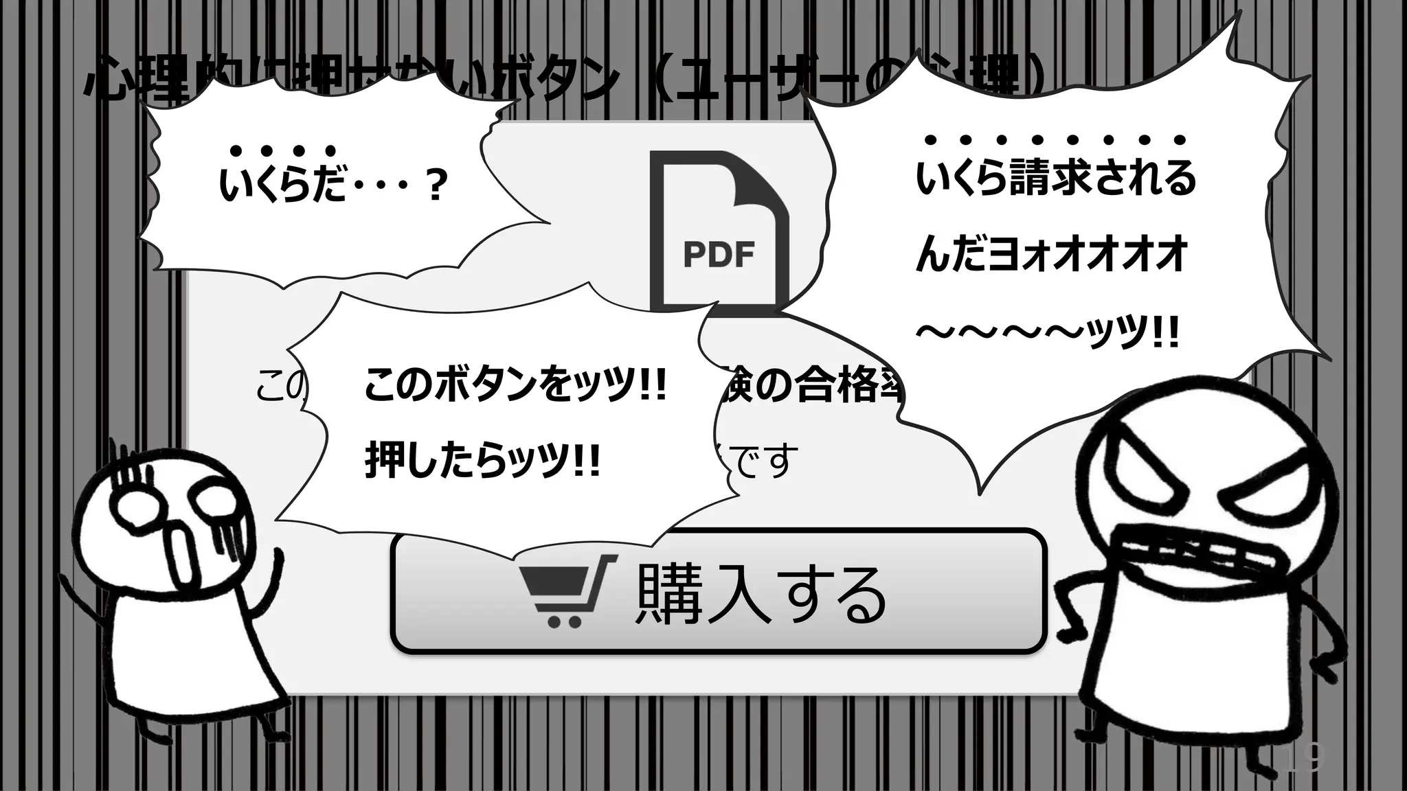 心理的に押せないボタン（ユーザーの心理）
19
この教材を購入した人の試験の合格率は99.8%です
本当です
購入する
いくらだ・・・？ いくら請求される
んだヨォオオオオ
〜〜〜〜ッツ!!
このボタンをッツ!!
押したらッツ!!
 