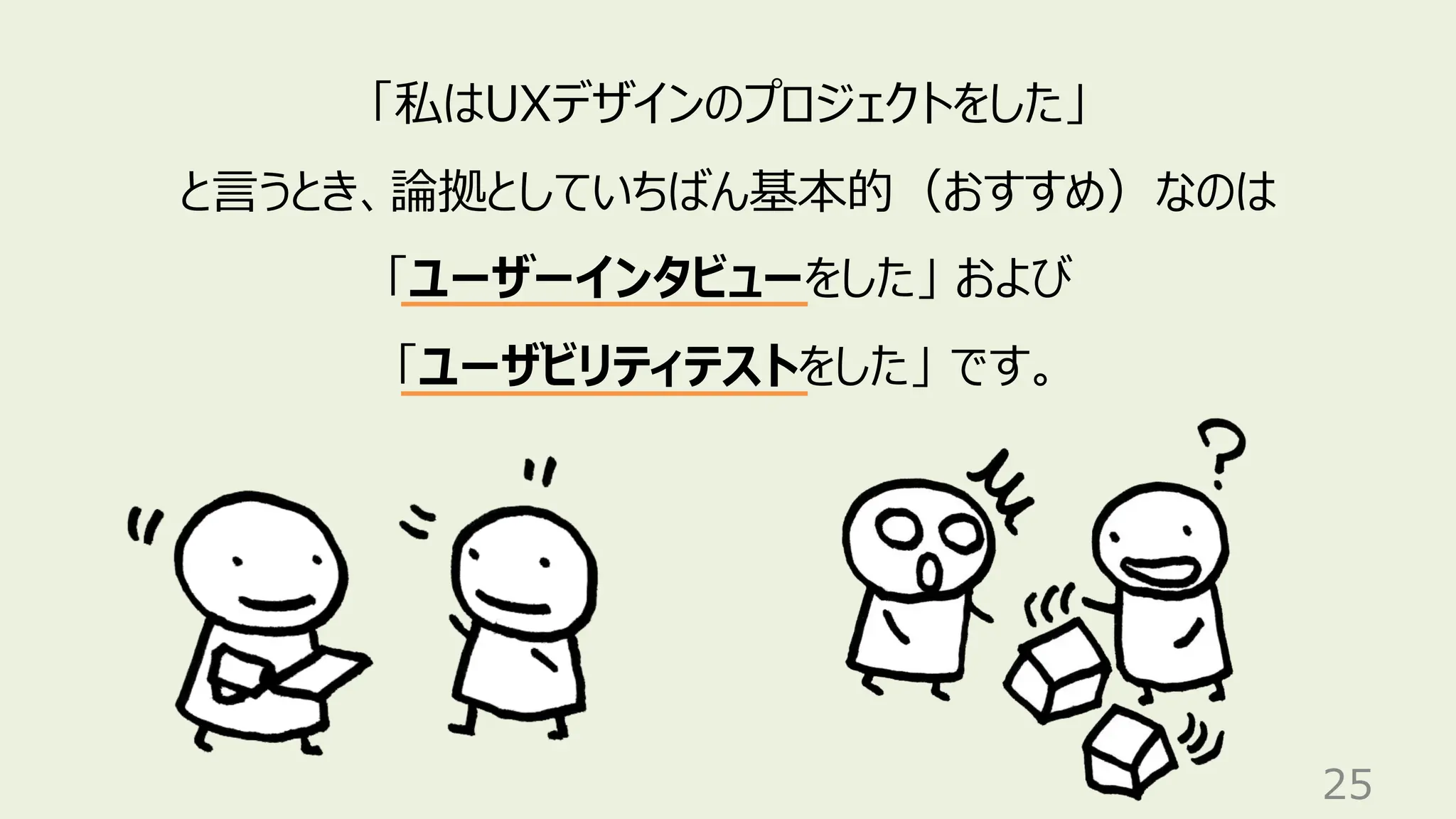25
「私はUXデザインのプロジェクトをした」
と言うとき、論拠としていちばん基本的（おすすめ）なのは
「ユーザーインタビューをした」 および
「ユーザビリティテストをした」 です。
 