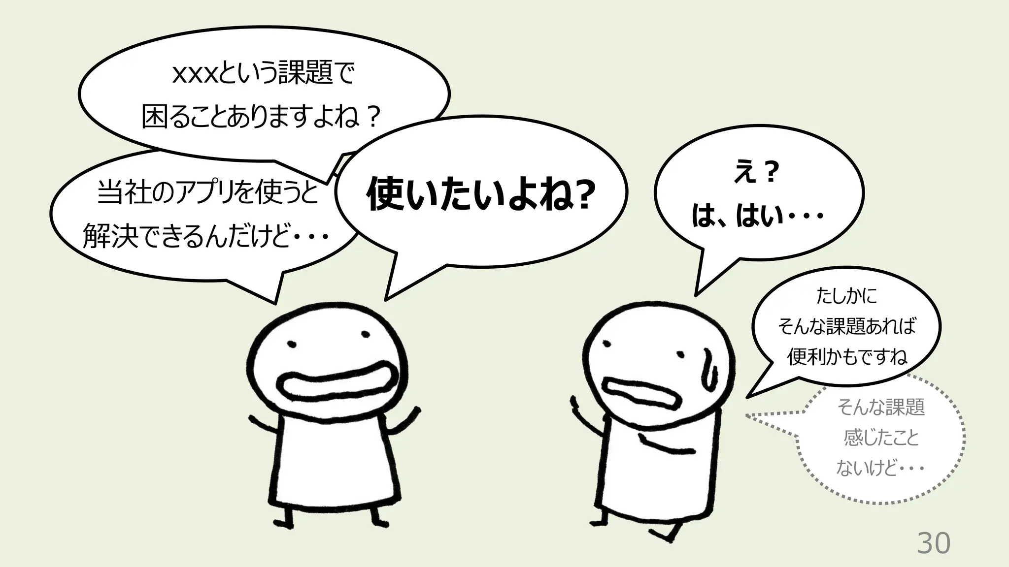 30
当社のアプリを使うと
解決できるんだけど・・・
え？
は、はい・・・
xxxという課題で
困ることありますよね？
使いたいよね?
そんな課題
感じたこと
ないけど・・・
たしかに
そんな課題あれば
便利かもですね
 