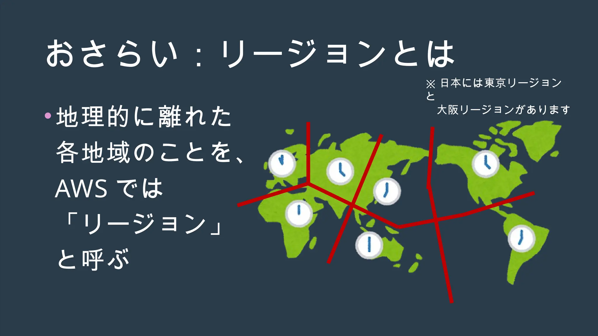 おさらい：リージョンとは
•地理的に離れた
各地域のことを、
AWS では
「リージョン」
と呼ぶ
※ 日本には東京リージョン
と
大阪リージョンがあります
 