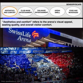 Photo: swisslifearena.ch, 2024
SENSORYSCAPE
AESTHETICS
AND COMFORT
CLUB-MADE
ENTERTAINMENT
FAN-MADE
ENTERTAINMENT
ARENA
SMELL
FOOD AND
BEVERAGES
“Aesthetics and comfort” refers to the arena’s visual appeal,
seating quality, and overall visitor comfort.
15 / 40
 