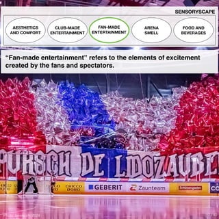Photo: lakers.ch, 2024
SENSORYSCAPE
AESTHETICS
AND COMFORT
CLUB-MADE
ENTERTAINMENT
ARENA
SMELL
FOOD AND
BEVERAGES
“Fan-made entertainment” refers to the elements of excitement
created by the fans and spectators.
FAN-MADE
ENTERTAINMENT
17 / 40
 