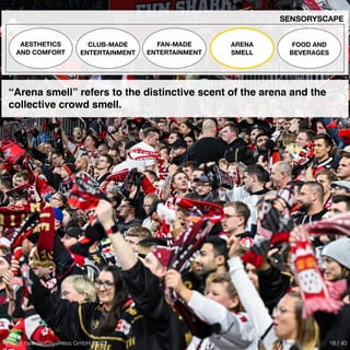 Photo: haie.de/City-Press GmbH, 2023
SENSORYSCAPE
AESTHETICS
AND COMFORT
CLUB-MADE
ENTERTAINMENT
ARENA
SMELL
FOOD AND
BEVERAGES
“Arena smell” refers to the distinctive scent of the arena and the
collective crowd smell.
FAN-MADE
ENTERTAINMENT
18 / 40
 
