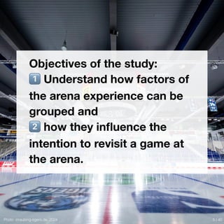 Photo: straubing-tigers.de, 2024
Objectives of the study:
1⃣ Understand how factors of
the arena experience can be
grouped and
2⃣ how they in
fl
uence the
intention to revisit a game at
the arena.
5 / 40
 