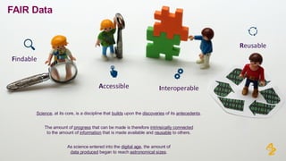FAIR Data
Science, at its core, is a discipline that builds upon the discoveries of its antecedents.
The amount of progress that can be made is therefore intrinsically connected
to the amount of information that is made available and reusable to others.
As science entered into the digital age, the amount of
data produced began to reach astronomical sizes.
Findable
Accessible Interoperable
Reusable
 