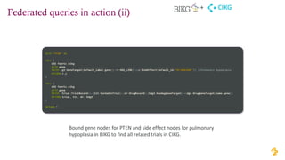 Federated queries in action (ii)
WITH "PTEN" AS
CALL {
USE fabric.bikg
WITH gene
MATCH (gt:GeneTarget{default_label:gene})-[r:HAS_LINK]->(a:SideEffect{default_id:"HP:0002089"}) //Pulmonary hypoplasia
RETURN r,a
}
CALL {
USE fabric.cikg
WITH gene
MATCH (trial:TrialRecord)<-[tit:testedInTrial]-(dr:DrugRecord)-[hdgt:hasDugGeneTarget]->(dgt:DrugGeneTarget{name:gene})
RETURN trial, tit, dr, hdgt
}
RETURN *
CIKG
+
Bound gene nodes for PTEN and side effect nodes for pulmonary
hypoplasia in BIKG to find all related trials in CIKG.
 