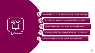 Allows experts to ask questions using natural language
AI driven instant responses avoiding hallucinations
Does not share AZ data assets with third parties
Provides a personalised experience per data domain
Provide this chat 24/7 to experts and researches
 