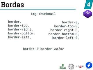 4
Bordas
img-thumbnail
border,
border-top,
border-right,
border-bottom,
border-left,
border-X border-color
border-0,
border-top-0,
border-right-0,
border-bottom-0,
border-left-0,
 