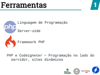 Ferramentas
Linguagem de Programação
Server-side
Framework PHP
1
PHP e Codeigneter – Programação no lado do
servidor, sites dinâmicos
 