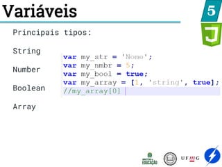Variáveis 5
Principais tipos:
String
Number
Boolean
Array
 