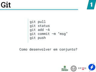 Git 1
git pull
git status
git add –A
git commit –m “msg”
git push
Como desenvolver em conjunto?
 