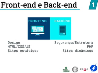 Front-end e Back-end 1
Design
HTML/CSS/JS
Sites estáticos
Segurança/Estrutura
PHP
Sites dinâmicos
 