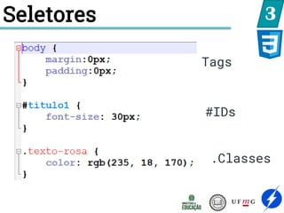 Seletores 3
Tags
#IDs
.Classes
 