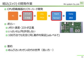 Mii system Co.,Ltd.
 CPU搭載機器のソフト・ハード開発
 ポリシー
 メモリ・速度・コストが正義
 いっさいのムダを許容しない
 100万台でも完全に同じ動作を保証(usレベルで)
 要約
 めんどくさいオッサンばかりの世界（言い方⋯）
組込(エッジ) の開発作業
11
PC
デバッガ
計測器
CPU
FPGA
Hard
Sensor
Data
通信
 