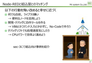 Mii system Co.,Ltd.
以下の行動を悔い改めると幸せに近づく
 何でも自前，ライブラリ嫌い
→ 便利なノードを活用しよう
 開発・デバッグに自作ツールを作る
→ VB6とかコマンド入力とかせずに，No-Codeで作ろう
 デバッグソフトでも処理速度気にしたり
→ CPUパワーで効率よく進めよう
sec-3にて組込向け事例を紹介
Node-REDと組込屋とのマッチング
13
 
