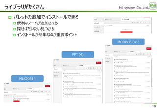 Mii system Co.,Ltd.
 パレットの追加でインストールできる
 便利なノードが追加される
 探せばだいたい見つかる
 インストールが簡単なのが重要ポイント
ライブラリがたくさん
18
FFT (4)
MODBUS (41)
MLX90614
 
