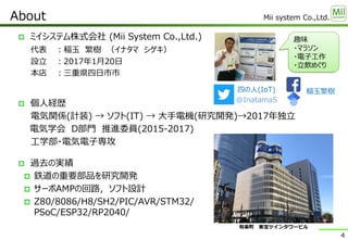 Mii system Co.,Ltd.
 ミイシステム株式会社 (​Mii System Co.,Ltd.)
代表 ：稲玉 繁樹 （イナタマ シゲキ）
設立 ：2017年1月20日
本店 ：三重県四日市市
About
4
趣味
・マラソン
・電子工作
・立飲めぐり
 個人経歴
電気関係(計装) → ソフト(IT) → 大手電機(研究開発)→2017年独立
電気学会 D部門 推進委員(2015-2017)
工学部・電気電子専攻
 過去の実績
 鉄道の重要部品を研究開発
 サーボAMPの回路，ソフト設計
 Z80/8086/H8/SH2/PIC/AVR/STM32/
PSoC/ESP32/RP2040/
四の人(IoT)
@InatamaS
稲玉繁樹
有楽町 東宝ツインタワービル
 