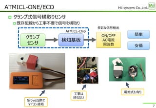 Mii system Co.,Ltd.
 クランプ式信号横取りセンサ
 既存配線から工事不要で信号を横取り
ATMICL-Chip
工事は
挟むだけ
検知基板
クランプ
センサ
ON/OFF
AC電流
周波数
多彩な信号検出
Grove互換で
マイコン直結
簡単
安価
ATMICL-ONE/ECO
7
電池式も有り
 