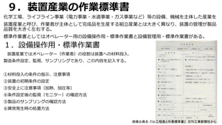 ９．装置産業の作業標準書
化学工場、ライフライン事業（電力事業・水道事業・ガス事業など）等の設備、機械を主体した産業を
装置産業と呼び、作業者が主体として完成品を生産する組立産業とは大きく異なり、装置の管理が製品
品質を大きく左右する。
標準作業書としてはオペレーター用の設備操作用・標準作業書と設備管理用・標準作業書がある。
１．設備操作用・標準作業書
装置産業ではオペレーター（作業者）の役割は装置への材料投入、
製造条件設定、監視、サンプリングであり、この内容を記入する。
①材料投入の条件の指示、注意事項
②装置の初期条件の設定
③安全上に注意事項（加熱、加圧等）
④条件設定後の監視（モニター）の確認方法
⑤製品のサンプリングの確認方法
⑥異常発生時の処置方法
画像出典先：『QC工程表と作業標準書』 日刊工業新聞社から
 