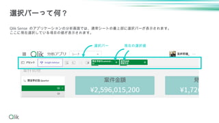 選択バーって何？
Qlik Sense のアプリケーションの分析画面では、通常シートの最上部に選択バーが表示されます。
ここに現在選択している項目の値が表示されます。
選択バー 現在の選択値
 