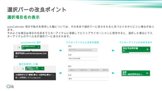 autoCalendar 項目や数式を使用した軸については、そのままで選択バーに表示されると見づらくわかりにくい場合があり
ます。
そのような場合は項目の名前をマスターアイテムに登録してビジュアライゼーションに使用すると、選択した場合にマス
タ...