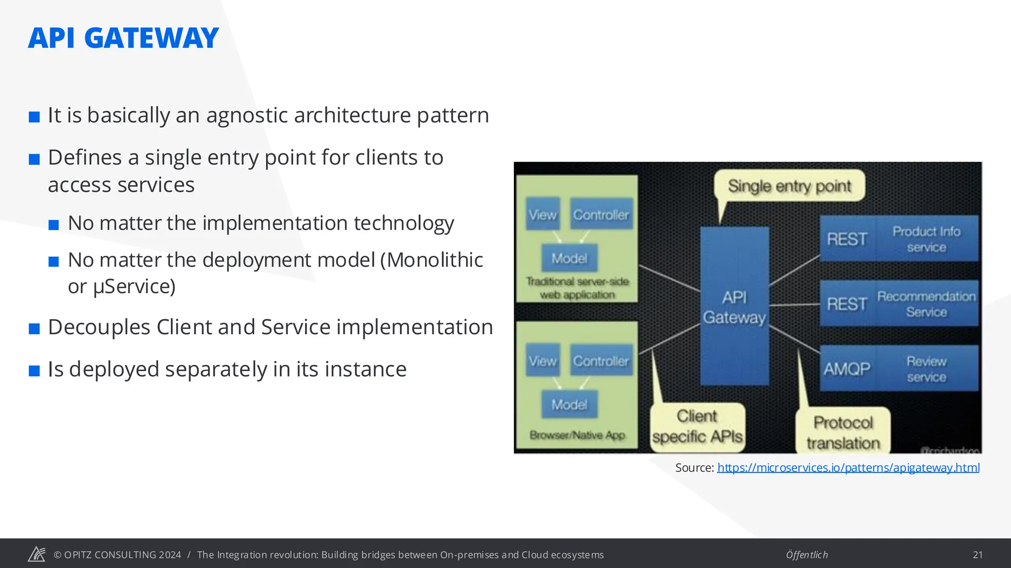 © OPITZ CONSULTING 2024 / Öffentlich
API GATEWAY
The Integration revolution: Building bridges between On-premises and Cloud ecosystems 21
 It is basically an agnostic architecture pattern
 Defines a single entry point for clients to
access services
 No matter the implementation technology
 No matter the deployment model (Monolithic
or µService)
 Decouples Client and Service implementation
 Is deployed separately in its instance
Source: https://microservices.io/patterns/apigateway.html
 