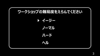 3
ワークショップの難易度をえらんでください
イージー
ノーマル
ハード
ヘル
 