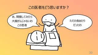 30
ただの食あたり
だったわ
この医者をどう思いますか？
あ、開腹してみたら
大腸がんじゃないわ
この患者
 