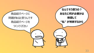 33
なんでそう思うの？
あなたに何が必要かは
検査して
“私” が判断するから
商品紹介ページに
問題があると思うんです
商品紹介ページを
つくってください
 