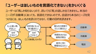 「ユーザーはほしいものを言語化できない」をかいくぐる
42
ユーザーは「馬しか知らない」ので、訊いても「馬」の話しか出てきません。本当の
ニーズが「自動車」にあっても、言語化できないのです。会話から本当のニーズを見
つけるには、ほしいものを訊くのではなく、行動の目的を訊きます。
もっと速い馬
がほしい
自動車
なぜ
ですか？
目的地にもっと
早く着きたい
限られた時間で
行って帰りたい
ここで納得しちゃダメ
時間をかけると
貨物が腐る
相手に早く
情報を伝えたい
冷蔵庫
電話
なぜ
ですか？
 