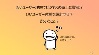 49
深いユーザー理解でビジネスの売上に貢献？
いいユーザー体験を設計する？
どういうこと？
ボタンを緑色にする
とかかな・・・？
 