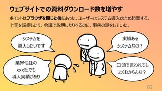 ウェブサイトでの資料ダウンロード数を増やす
62
ポイントはブラウザを閉じた後にあった。ユーザーはシステム導入のため起案する。
上司を説得したり、会議で説明したりするのに、事例の話をしていた。
システムを
導入したいです
業界他社の
xxx社でも
導入実績があり
口頭で言われても
よくわからんな？
実績ある
システムなの？
 
