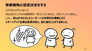 事業戦略の意思決定をする
78
このプロジェクトにおいて、
羽山はビジュアルの成果物を一切つくっていません。UIもつくっていません。
しかし、羽山がもたらしたユーザーへの本質的な理解により
スタートアップ企業は意思決定し、前に進むことができました。
 