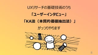 8
UXリサーチの基礎技術のうち
「ユーザーインタビュー」
「KA法（本質的価値抽出法）」
がっつりやります
 