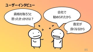 ユーザーインタビュー
85
資格を取ろうと
思ったきっかけは？
会社で
勧められたから
査定が
良くなるから
 