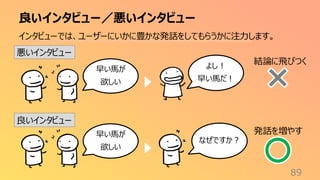 良いインタビュー／悪いインタビュー
89
インタビューでは、ユーザーにいかに豊かな発話をしてもらうかに注力します。
悪いインタビュー
良いインタビュー
早い馬が
欲しい
よし！
早い馬だ！
なぜですか？
結論に飛びつく
発話を増やす
早い馬が
欲しい
 