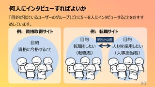 何人にインタビューすればよいか
90
「目的が似ているユーザーのグループ」ごとに5〜8人にインタビューすることをおすす
めしています。
例: 資格取得サイト
目的
資格に合格すること
例: 転職サイト
目的
転職をしたい
（転職者）
目的
人材を採用したい
（人事担当者）
明らかな差
 