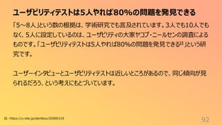 ユーザビリティテストは5人やれば80%の問題を発見できる
92
「5〜8人」という数の根拠は、学術研究でも言及されています。3人でも10人でも
なく、5人に設定しているのは、ユーザビリティの大家ヤコブ・ニールセンの調査による
ものです。「ユーザビリティテストは5人やれば80%の問題を発見できる註」という研
究です。
ユーザーインタビューとユーザビリティテストは近しいところがあるので、同じ傾向が見
られるだろう、という考えにもとづいています。
註: https://u-site.jp/alertbox/20000319
 