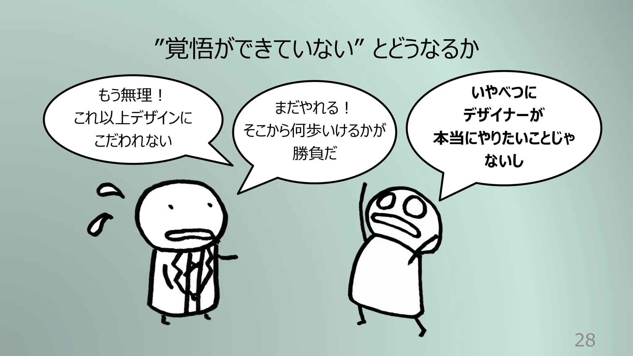 28
”覚悟ができていない” とどうなるか
いやべつに
デザイナーが
本当にやりたいことじゃ
ないし
もう無理︕
これ以上デザインに
こだわれない
まだやれる︕
そこから何歩いけるかが
勝負だ
 