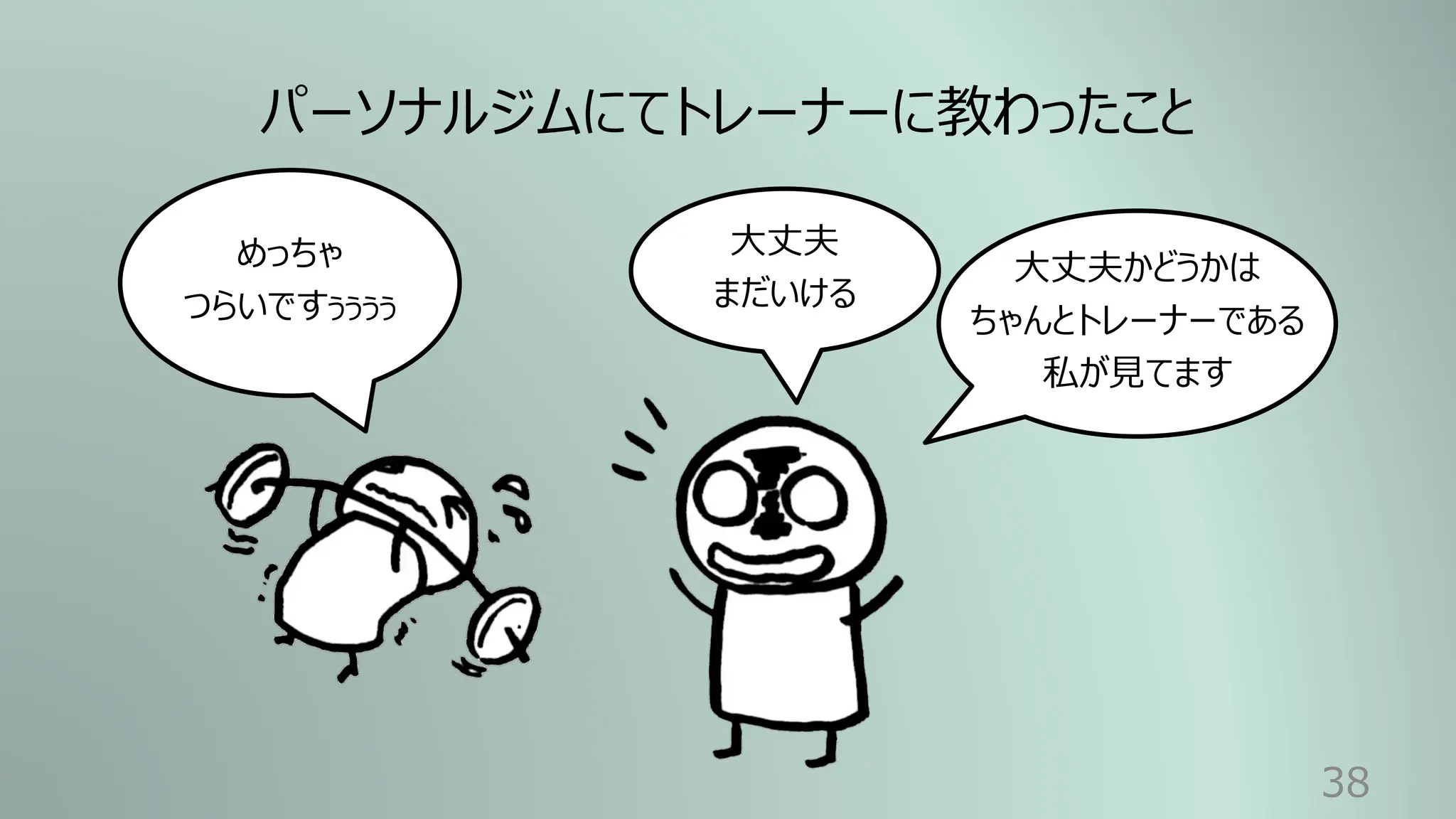 38
めっちゃ
つらいですぅぅぅぅ
⼤丈夫
まだいける
パーソナルジムにてトレーナーに教わったこと
⼤丈夫かどうかは
ちゃんとトレーナーである
私が⾒てます
 