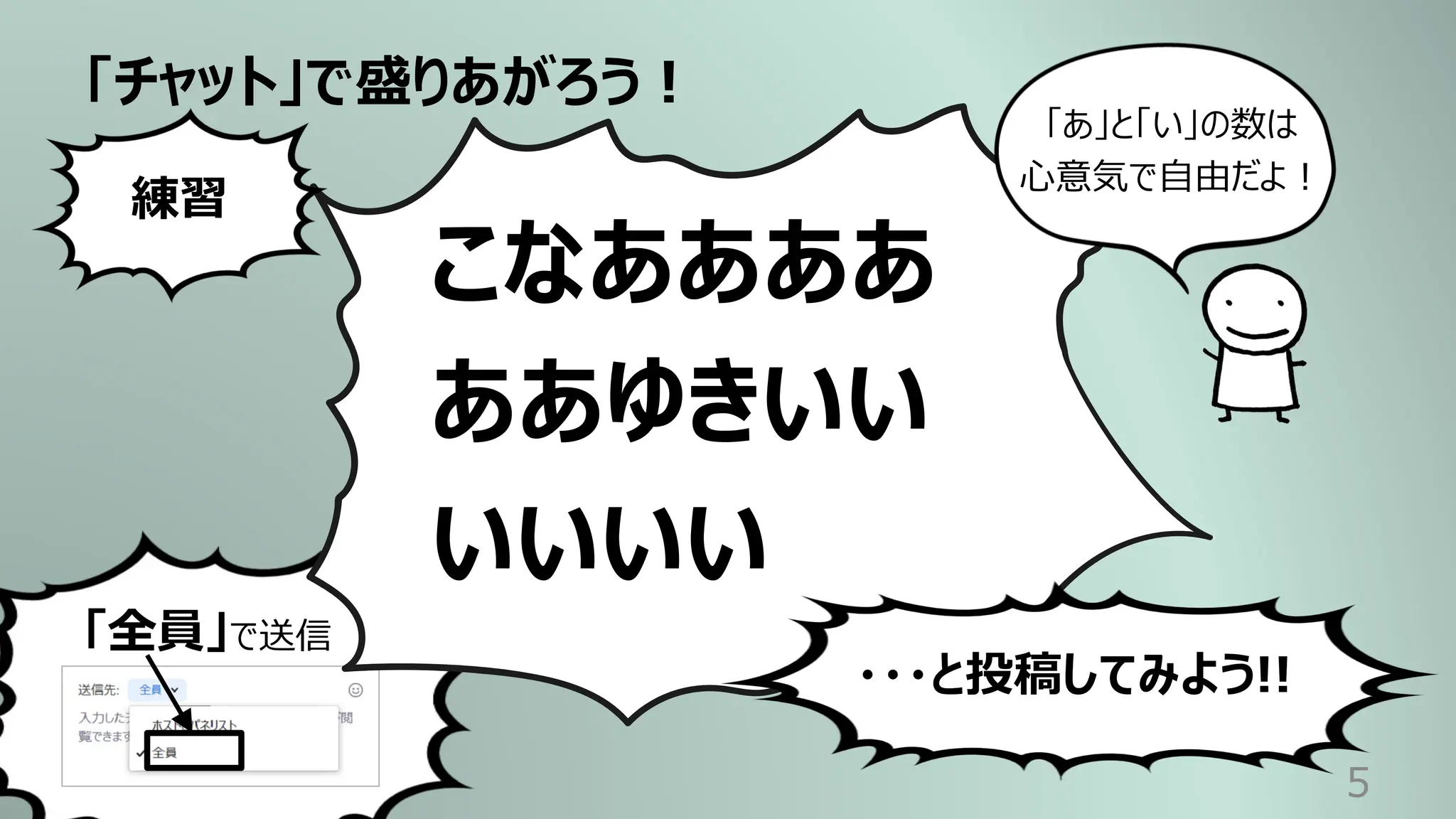 「全員」で送信
「チャット」で盛りあがろう︕
5
こなああああ
ああゆきいい
いいいい
練習
・・・と投稿してみよう!!
「あ」と「い」の数は
⼼意気で⾃由だよ︕
 