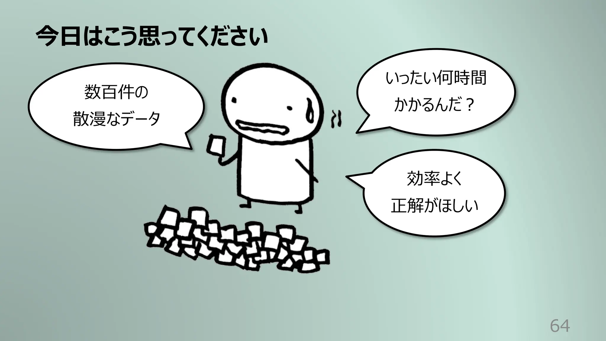 今⽇はこう思ってください
64
いったい何時間
かかるんだ︖
効率よく
正解がほしい
数百件の
散漫なデータ
 