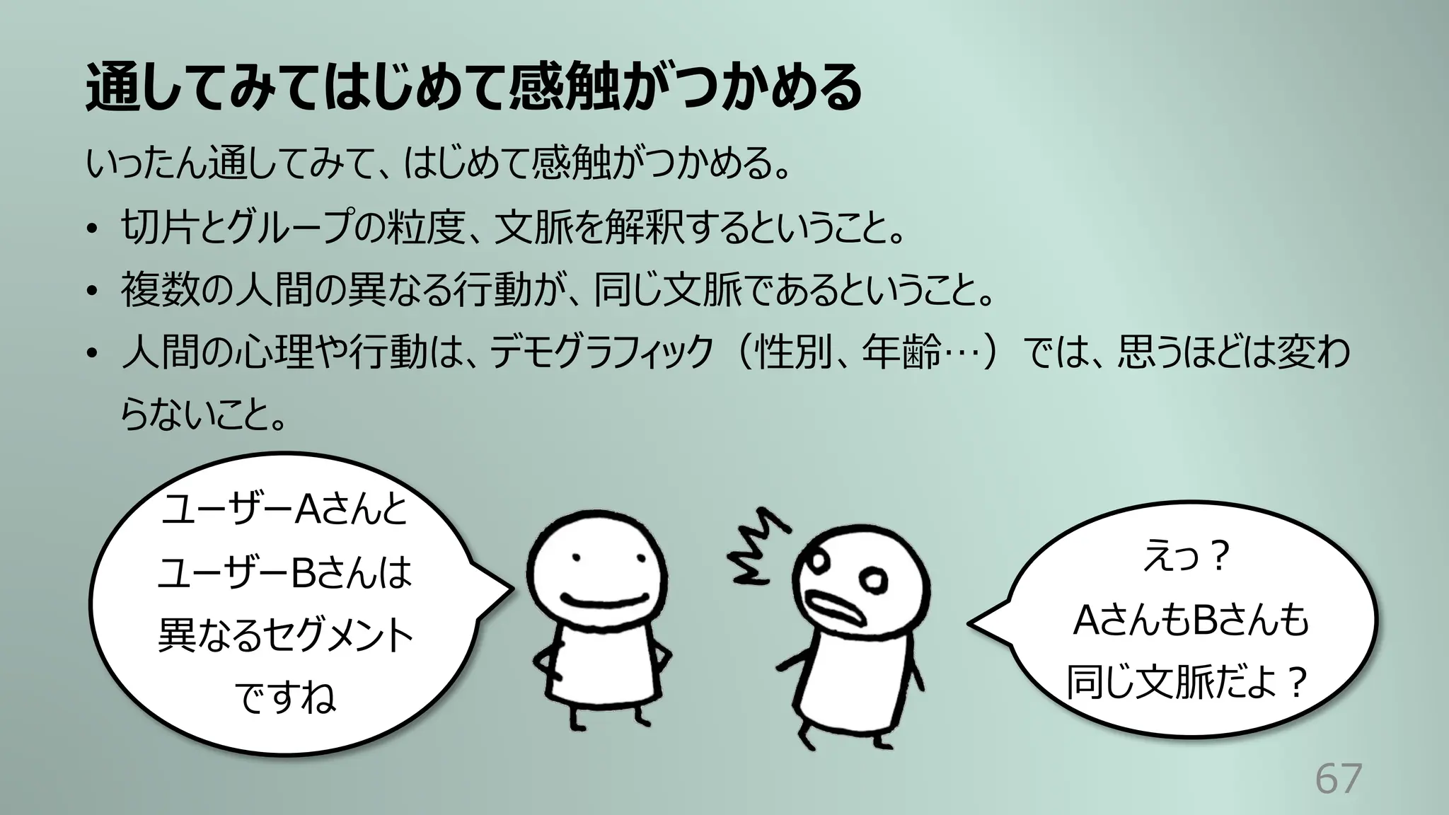 通してみてはじめて感触がつかめる
67
いったん通してみて、はじめて感触がつかめる。
• 切⽚とグループの粒度、⽂脈を解釈するということ。
• 複数の⼈間の異なる⾏動が、同じ⽂脈であるということ。
• ⼈間の⼼理や⾏動は、デモグラフィック（性別、年齢…）では、思うほどは変わ
らないこと。
ユーザーAさんと
ユーザーBさんは
異なるセグメント
ですね
えっ︖
AさんもBさんも
同じ⽂脈だよ︖
 