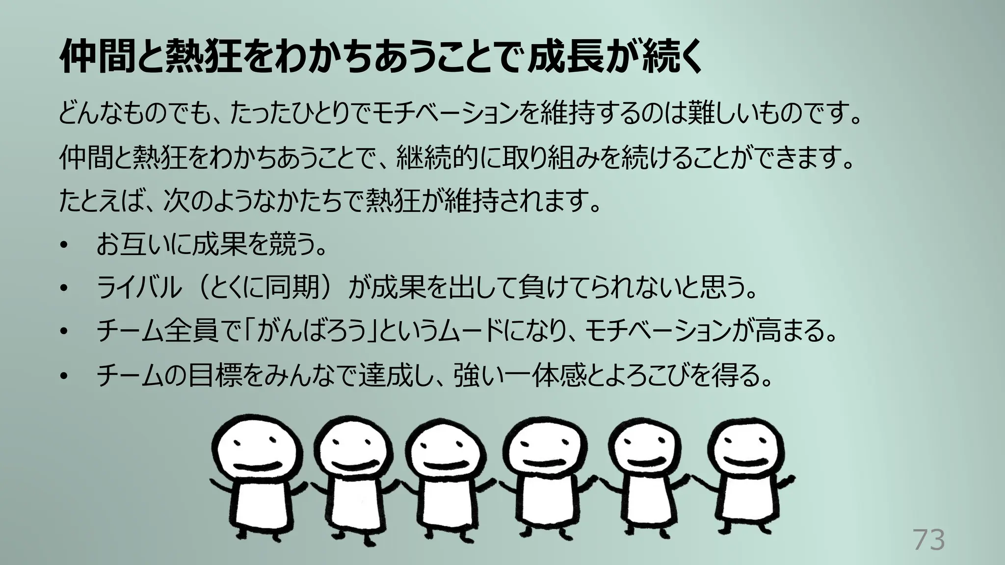仲間と熱狂をわかちあうことで成⻑が続く
73
どんなものでも、たったひとりでモチベーションを維持するのは難しいものです。
仲間と熱狂をわかちあうことで、継続的に取り組みを続けることができます。
たとえば、次のようなかたちで熱狂が維持されます。
• お互いに成果を競う。
• ライバル（とくに同期）が成果を出して負けてられないと思う。
• チーム全員で「がんばろう」というムードになり、モチベーションが⾼まる。
• チームの⽬標をみんなで達成し、強い⼀体感とよろこびを得る。
 