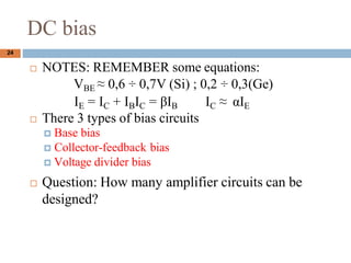 DC bias
? NOTES: REMEMBER some equations:
VBE  0,6  0,7V (Si) ; 0,2  0,3(Ge)
IC  IE
IE = IC + IBIC = IB
? There 3 types of bias circuits
? Base bias
? Collector-feedback bias
? Voltage divider bias
? Question: How many amplifier circuits can be
designed?
24
 