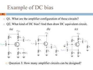 Example of DC bias
26
? Q1. What are the amplifier configuration of these circuits?
? Q2. What kind of DC bias? And then draw DC equivalent circuit.
(a) (b) (c)
? Question 3: How many amplifier circuits can be designed?
 