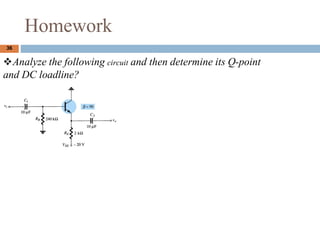 Homework
36
?Analyze the following circuit and then determine its Q-point
and DC loadline?
 