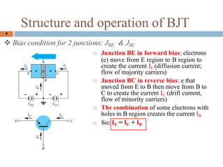 ? So: IE = IC + IB
? Bias condition for 2 junctions: JBE & JBC
? Junction BE in forward bias: electrons
(e) move from E region to B region to
create the current IE (diffusion current;
flow of majority carriers)
? Junction BC in reverse bias: e that
moved from E to B then move from B to
C to create the current IC (drift current,
flow of minority carriers)
? The combination of some electrons with
holes in B region creates the current IB
4
Structure and operation of BJT
 