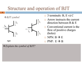 ? 3 terminals: B, E v C
? Arrow instructs the current
direction between B & E
? Conventional current is the
flow of positive charges
(holes)
? NPN: B  E
? PNP: E  B
?BJT symbol
IB
IC
IE
5
Structure and operation of BJT
?Explain the symbol of BJT?
 